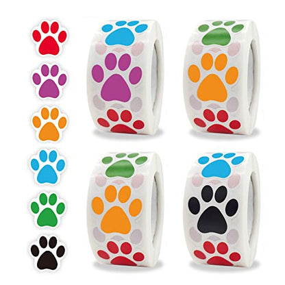 2000 PCS Colorful Paw Prints Stickers Dog Cat Bear Paw Dog Stickers for Laptop Reward Sticker Stationery Teacher for Student (1 Inch, 4 Rolls 6 Colors)