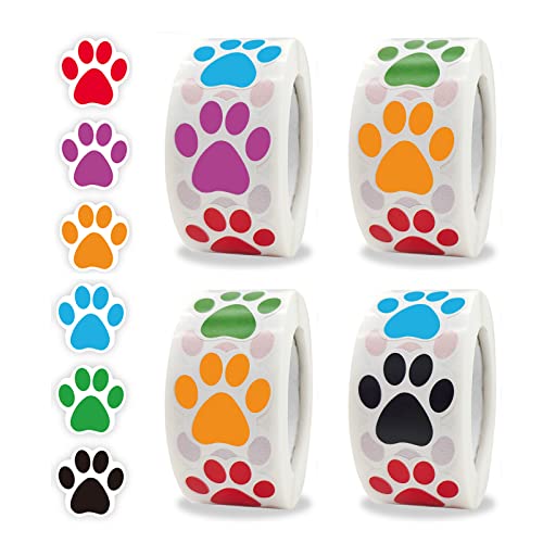 2000 PCS Colorful Paw Prints Stickers Dog Cat Bear Paw Dog Stickers for Laptop Reward Sticker Stationery Teacher for Student (1 Inch, 4 Rolls 6 Colors)