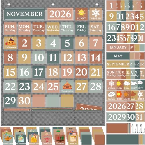 Classroom Calendar Pocket Chart Set – 118 Cards, Bulletin Board & Wall | Boho Classroom Decoration, Homeschool, Teacher, Seasons, Festival, Weather, Boho Classroom Decor, Back to School - color: Gray