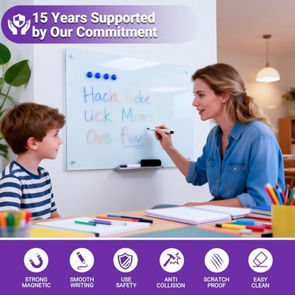 Magnetic Glass Whiteboard - 36” x 24” Glass Dry Erase Board for wall, Frameless Glass WhiteBoard for Office, Home & School