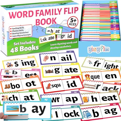 48 Word Family Build Book Spell Read and Rhyme Flip Activity Books Vocabulary Flashcards Kindergarten Sight Phonics Flashcard Learn to Read Activity Games for Kids Homeschool Supplies（Word Family)