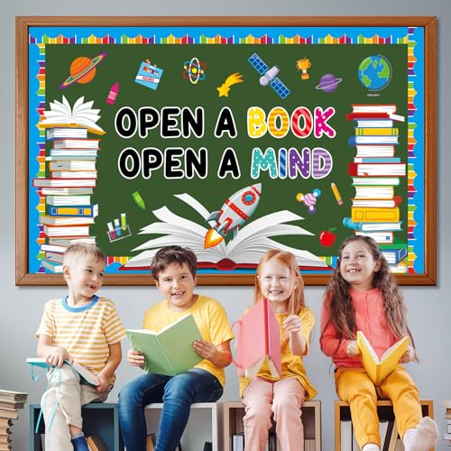 Reading Bulletin Board Set Open A Book Open A Mind Classroom Bulletin Board Decorations Books Paper Cutouts for Back to School Reading Day Classroom Library Office Home Wall Door Supplies - style: Reading