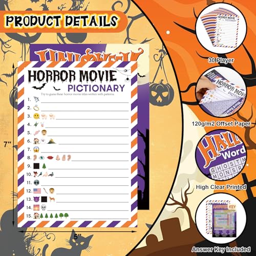 COCHIE 30 Players Halloween Party Games for Adults Family Office Large Groups, Horror Movie Name Pictionary Game, Riddle Game, Word Search Games with Answer Key (Halloween Purple) - style: Halloween Purple