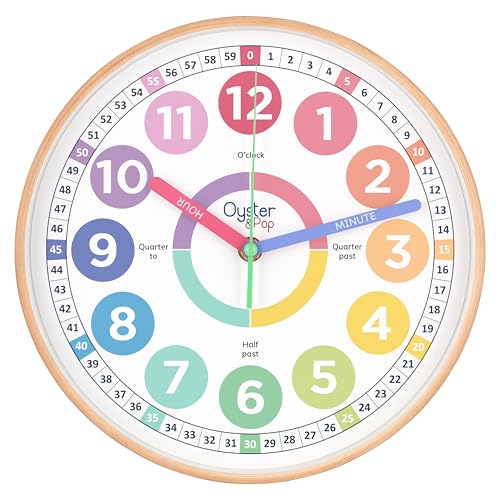 Oyster&Pop Kids Clock - Silent 10" Pastel Analog Learning Wall Clock - Award-Winning Telling Time Teaching Clock for Kids - Bedrooms Homeschool & Classrooms - Includes eBook - color: Pastel, size: 10 inch