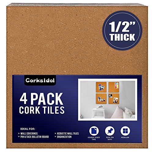 Corksidol Cork Tiles 12"x12" - 1/2" Thick -4 Pack | Bulletin Board-Cork Board- Ultra Strong Self Adhesive Backing for Floor/Wall/DIY - size: 4 pack (1/2" Thick - Cork Board)