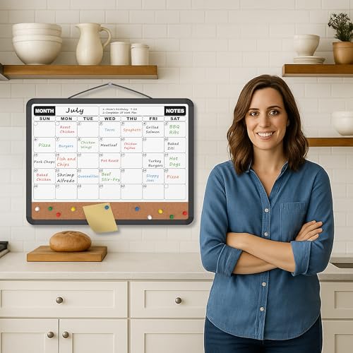 Monthly Calendar Dry Erase Board 16x12 Inch, Double-Sided Whiteboard and Corkboard Combo with Black Plastic Frame, Wall Mounted Planner Organizer with Markers, Magnets, Push Pins, Eraser - size: 16"W x 12"H, style: Black Plastic Frame