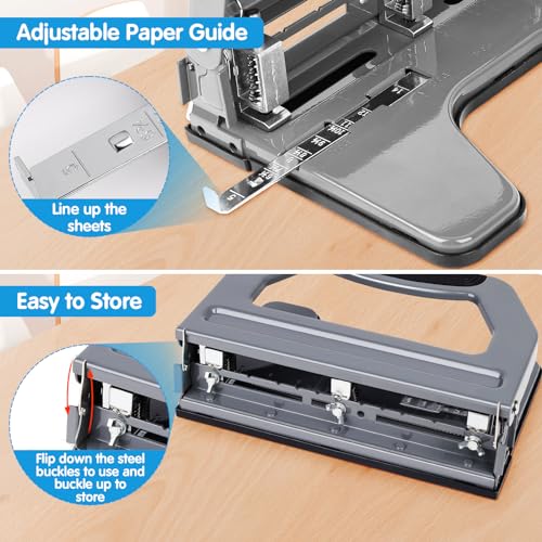 AFMAT 3 Hole Punch Heavy Duty, 9/32" Holes, 50-Sheet Hole Puncher 3 Ring, 50% Reduced Effort, Adjustable Two & Three Hole Punch, Metal Paper Puncher w/Large Chip Tray, Metal Paper Guide, Gray, HP18 - color: Gray