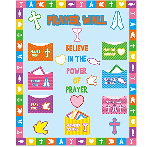 Geelin 184 Pcs Prayer Wall Bulletin Board Set Cork Board Religious Decor Rainbow Christian Bulletin Board Sets Sunday School Decorations for Classroom School Church Home Blackboard Chalkboard Wall
