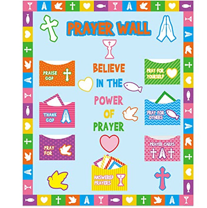 Geelin 184 Pcs Prayer Wall Bulletin Board Set Cork Board Religious Decor Rainbow Christian Bulletin Board Sets Sunday School Decorations for Classroom School Church Home Blackboard Chalkboard Wall