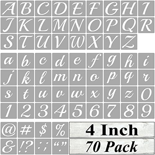 4 Inch Alphabet Letter Stencils for Painting - 70 Pack Letter and Number Stencil Templates with Signs for Painting on Wood, Reusable Cursive Letters Stencils for Chalkboard Wood Signs & Wall Art - size: 4 Inch