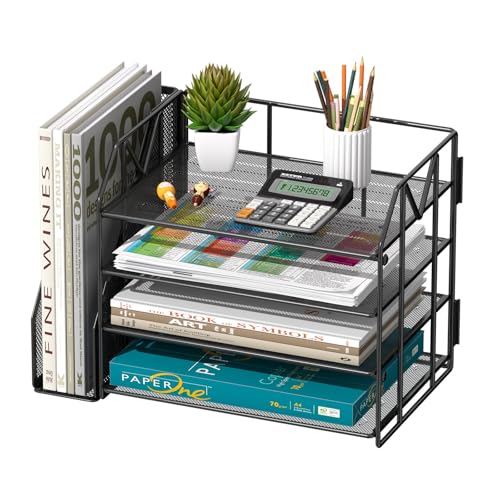 4-Tier Paper File Organizer with Bookend, Metal Desk Organizer, Tiered Paper Tray for Letter/A4 Files, Desktop Office Supplies Storage Rack for Home Office, Classroom, School & Work, Black - color: 4-Tier with Bookend