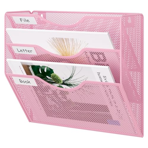 EasyPAG 3 Pocket Mesh Wall File Organizer, Hanging Paper Folder Holder with Classify Label, Vertical Wall Mount Mail Organizer for Office Home Classroom, Pink - color: Pink, size: 3 Tier