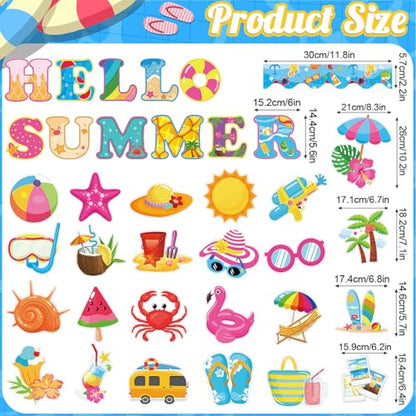 71 Pcs Hello Summer Bulletin Board Set Hawaiian Beach Slippers Sun DIY Borders Bulletin Trim Home School Hawaiian Tropical Party Supplies for Back to School Classroom Chalkboard Wall Door Decor - style: Coastal