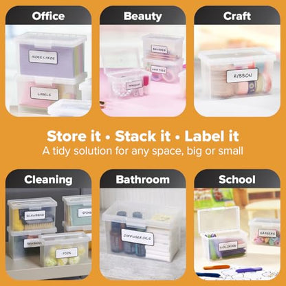 Bostitch Konnect Storage Containers with Lids, Office Organizer, Clear Plastic Box, Stackable for Index Cards, Labels, 1 Qt, 6 Pack - size: 6-Pack