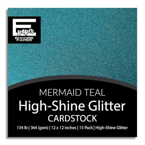 MERMAID TEAL Glitter Luxe Cardstock - Encore Paper | 15 Pack | 12x12 Inches | 134 lb Cover (364 gsm) | Vibrant Teal Glitter | Solid Core | Acid & Lignin Free | Compatible for Cricut & Silhouette