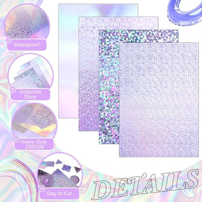 Kosiz 100 Sheets Metallic Holographic Card Stock Shiny Glitter Cardstock Iridescent Mirror Paper 8.5 x 11'' 250 GSM Thick Mixed Color Foil Paper for Scrapbook Letter Poster Craft(Purple) - color: Purple