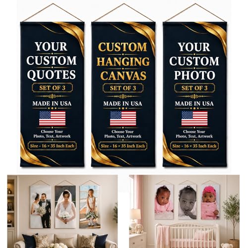 Custom Hanging Canvas Wall Art by BCB Print - Personalized Ready to Hang Picture Banner | with Your Photo | HD Print Living Room Wall Art | Fast Delivery | Made in USA | 16x35 inch | Set of 3 - color: Hanging Canvas Set of 3