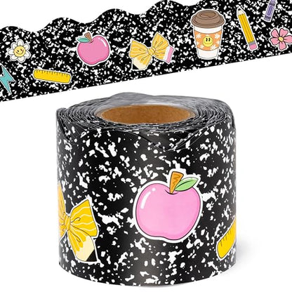 BeYumi Composition Rolled Border Trim - 65ft Back to School Composition Pencil Bow Scalloped Rolled Border Trim Ruler Apple Bulletin Board Set School Classroom Office Chalkboard Party Holiday Decor - style: Black Notebook