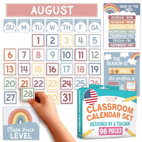 Hadley Designs Classroom Calendar Set Bulletin Board Decorations - Boho School Calendar for Classroom Decor, Kindergarten Preschool Elementary Teacher Must Haves, Homeschool & Daycare Essentials - style: Boho Pastel