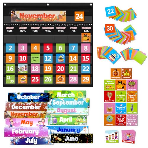 Classroom Calendar Pocket Chart with 88 Cards - Ideal for Homeschool, Classroom & Office, Durable Nylon Wall Hanging Calendar for Early Learning (Black) - color: Black