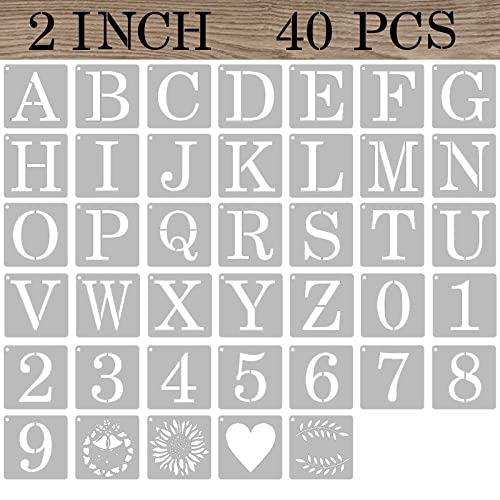2 Inch Letter Stencils Numbers Craft Stencils, 40 Pcs Reusable Plastic Alphabet Drawing Templates for Painting on Wood, Wall, Fabric, Rock, Signage, Door Porch - size: 2 Inch