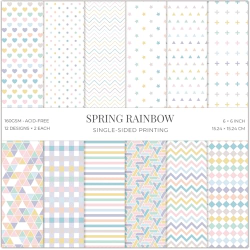 24 Sheets Pastel Scrapbook Paper Pad - 6x6 inch 160GSM Heavyweight Cardstock, Single-Sided Geometric, Stripe, Dot, Star Designs for Card Making, DIY Crafts, Photo Album, Art Journal
