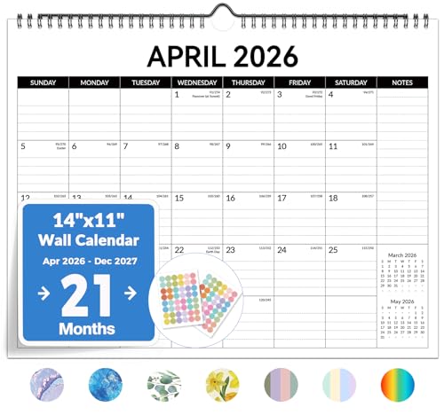 2026 Calendar, Forvencer 21-Month Wall Calendar 2026, Apr 2026 - Dec 2027, 14" x 11" Large Monthly Planner Calendars with Notes Section & Stickers, Ruled Block, Spiral Binding Hanging for Home Office - color: Sleek