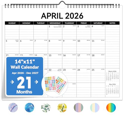 2026 Calendar, Forvencer 21-Month Wall Calendar 2026, Apr 2026 - Dec 2027, 14" x 11" Large Monthly Planner Calendars with Notes Section & Stickers, Ruled Block, Spiral Binding Hanging for Home Office - color: Sleek