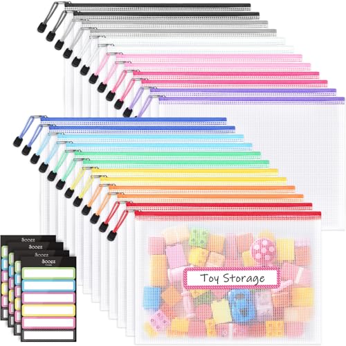 Sooez 24 Pack Mesh Zipper Pouch with Sticky Labels, A4 Mesh Bags, Sturdy Letter Size File Folders Organizer, Office School Classroom Teacher Supplies, Toy Storage Bag Board Game Puzzles Organization - color: Multicolored, size: 24Pack