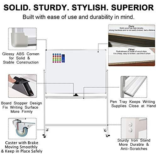 Mobile Whiteboard on Wheels, 48"x36" Double-Sided Magnetic Dry Erase Board - Flipchart Easel for Office, Classroom & Home, Rolling Stand with Easy Flip Feature - size: 48"W x 36"H