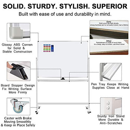 Mobile Whiteboard on Wheels, 48"x36" Double-Sided Magnetic Dry Erase Board - Flipchart Easel for Office, Classroom & Home, Rolling Stand with Easy Flip Feature - size: 48"W x 36"H