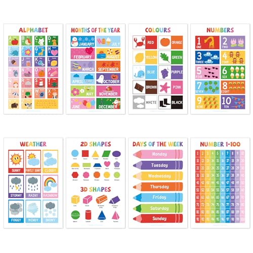 UNCLE WU 16 Pack Educational Posters for Ages 2-6, Preschool Classroom | Laminated learning charts cover ABC, numbers 1-100, shapes, colors, maps, homeschool, daycare, and kindergarten
