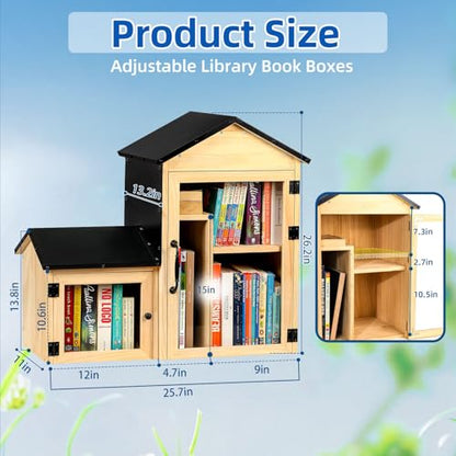 Little Library Box Outdoor, Double Little Library Design with Adjustable Shelf and Large & Small Compartments, Solid Wood with Waterproof Coating & Metal Trim, Sharing Books, Literature & Newspapers - size: 26"L x 13"W x 26"H