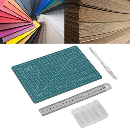 Fabric Cutting Mat, A5 15x22cm Plastic Mat with Steel Ruler and 25 Blades, for Cutting Wood Cardboard Paper Plastic Cloth Leather Foam Board