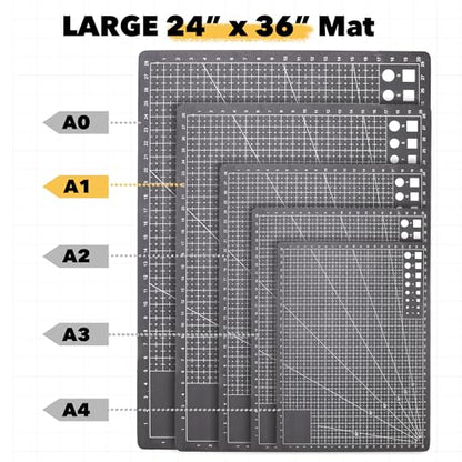 Mandala Crafts Self-Healing Cutting Mat Set – 24" x 36" A1 Black Gray Double-Sided 5-Ply Mat with Fabric Cutter, Quilt Ruler & Craft Knife for Sewing, Quilting, Leather & Scrapbooking - color: Black Combo, size: 24 x 36 Inches Mat Combo