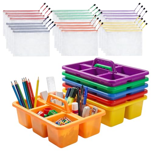 6 Pack Multiuse Caddy Organizer - Classroom Caddy with Handle & 5 Compartments, Portable Plastic Table Caddies Holder for Teacher, Desk, Art, School Supply Storage for Markers, Crayons