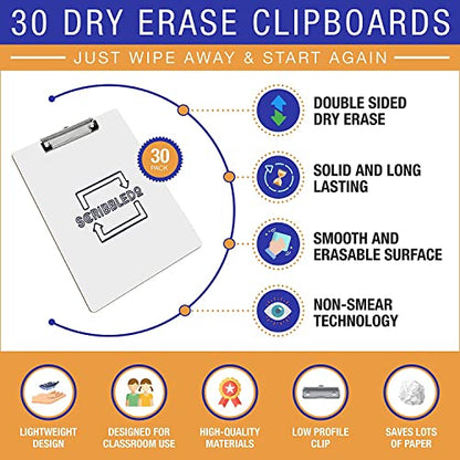 SCRIBBLEDO Dry Erase Clipboard Double Sided 9x12 with Erasers 30 Pack | 30 Clipboards And 30 Erasers Included, Double Sided Hardboard Build, Reinforced Clip, Wipes Clean No Ghosting, Ready To Use