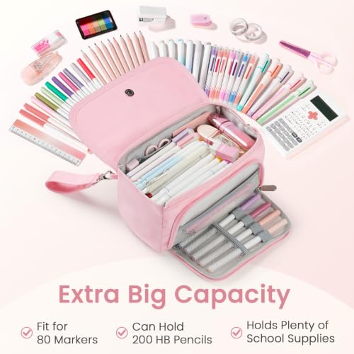 Sooez Super Large Pencil Case, Big Capacity Pencil Bag with 3 Compartments, Hold 200 pencils, Cute Pencil Pouch with Zipper, Portable Stationery Pen Bag, Aesthetic School Supplies For Girls, Pink - color: Pink