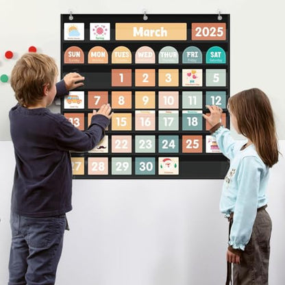 Large Calendar Pocket Chart, Calendar Learning Classroom Calendar Pocket Chart with 115 Cards for Classroom Calendar and Weather Pocket Chart for Home Kindergarten Learning(Black) - color: black