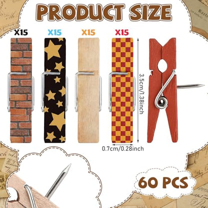 LemonRoad 60 Pcs Push Pin with Wooden Clips Teacher Cork Board Artworks Decorative Push Pins Tacks for Classroom Photo Bulletin Board Clips (Wizard) - style: Wizard