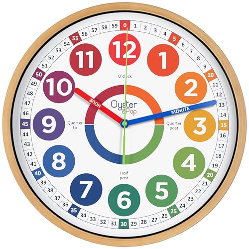 Oyster&Pop Kids Clock - Silent 14" Analog Learning Wall Clocks - Award-Winning Telling Time Teaching Clock for Kids - Large for Classrooms Homeschool & Bedrooms - Includes eBook - color: Multicolor, size: 14 inch