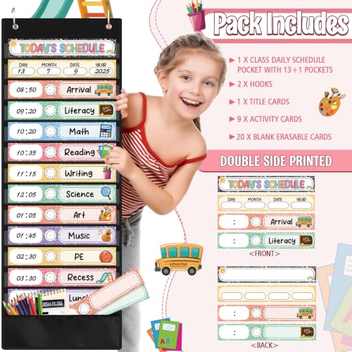 Pasimy Daily Schedule Pocket Chart with 31 Reusable Cards and 14 Pockets Composition Schedule Charts Classroom Decorations for School Office Home Educational Activity - style: Composition