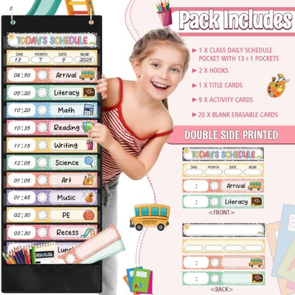 Pasimy Daily Schedule Pocket Chart with 31 Reusable Cards and 14 Pockets Composition Schedule Charts Classroom Decorations for School Office Home Educational Activity - style: Composition