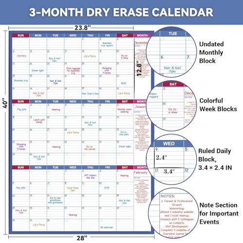 Lemome Dry Erase Calendar for Office, Classroom & Gym Undated, 3 Month, Erasable Large Wall Calendar, Premium Blank Yearly Planner, Big Dry Erase Board - Blue 28 x 40 inch