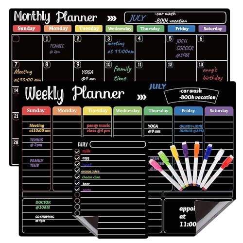 Hivillexun Magnetic Black Dry Erase Calendar White Board Set (3-Pack) - Monthly, Weekly Planners & Daily Notepad for Fridge, Home & Office, Includes 8 Markers - color: Black Monthly/Weekly/Daily Planners + 8 Markers & Eraser