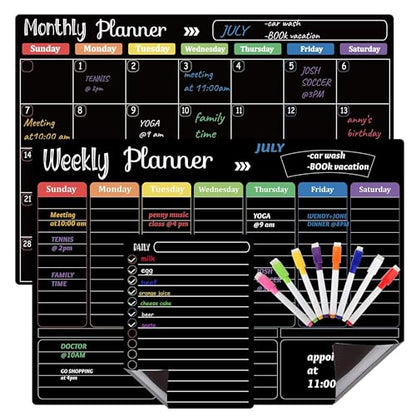 Hivillexun Magnetic Black Dry Erase Calendar White Board Set (3-Pack) - Monthly, Weekly Planners & Daily Notepad for Fridge, Home & Office, Includes 8 Markers - color: Black Monthly/Weekly/Daily Planners + 8 Markers & Eraser