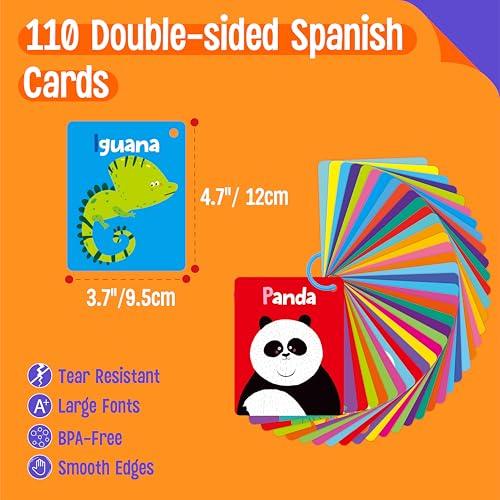 110 PCS Early Learning Flashcards, Double-Sided Spanish Cards- Alphabet, Numbers, Foods, Animals, Shapes, Colors, Emotions with 4 Reclosable Rings, Learning Tool for Pre-K Kindergarten Toddlers - style: Spanish Cognitive Flashcards - 110 Pcs