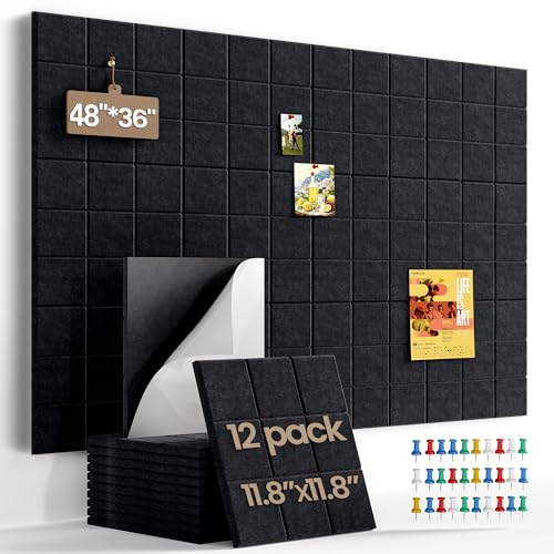 Large Cork Board Felt Board Tiles for Walls with 60 Push Pins, 11.8"x11.8" Pack of 12 Pin Board Notice Boards for Home Office Kitchen, Bulletin Board Wall Tiles for Photos Memos - color: Black, size: 12 Pack
