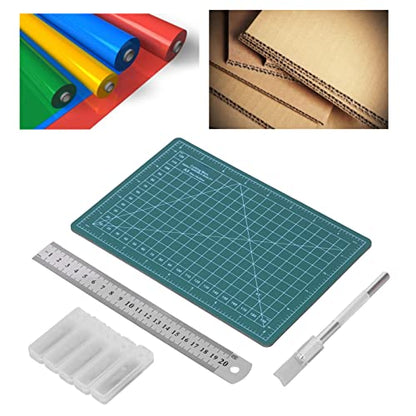 Fabric Cutting Mat, A5 15x22cm Plastic Mat with Steel Ruler and 25 Blades, for Cutting Wood Cardboard Paper Plastic Cloth Leather Foam Board