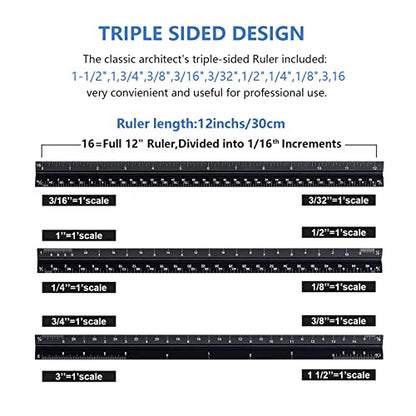 Architectural&Engineering Triangular Scale Ruler, 12 Inch Architectural Scale Ruler Set, Laser-Etched Aluminum with Stainless Steel Ruler for Architects, Students, Draftsman, Engineers (3 PCS) - style: Black-A&E&S
